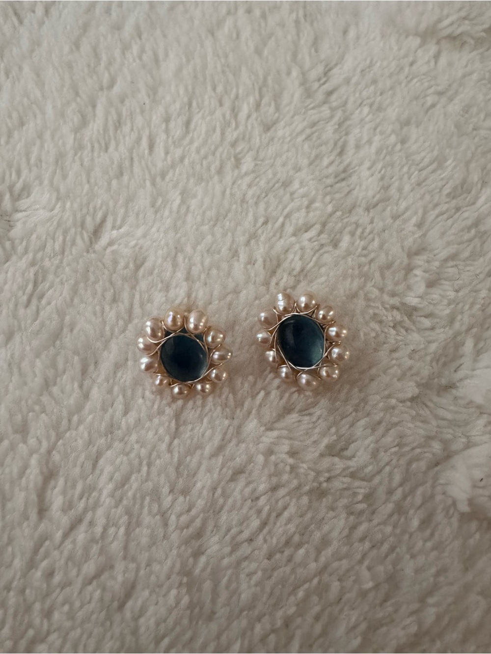 Pearl Halo Aquamarine Stone Stud Earrings - Unbranded